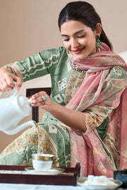 Sea Green Color Pure Moga Silk Embroidery And Batik Print Designer Dress